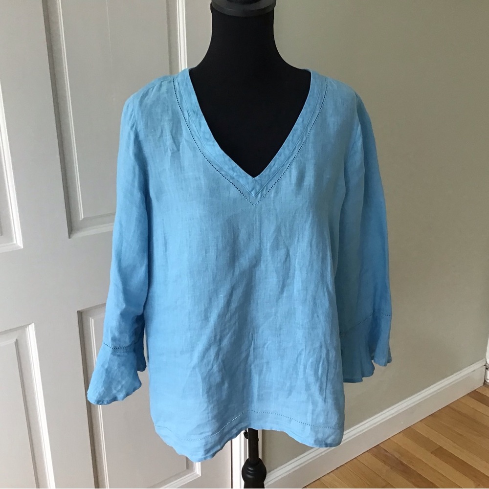 J. Jill Turquoise Blue 3/4 Sleeve Linen Top